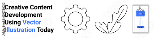 Gear, feather, and smartphone-thumbs up screen elements for innovation, creativity, tech solutions, content creation. Ideal for tech, design, education marketing startups teamwork flat landing