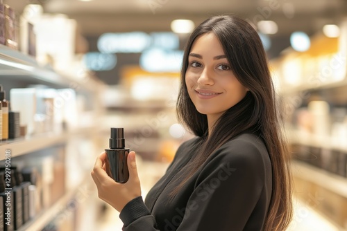A beautiful young woman with dark hair is a sales consultant in the cosmetics department holding a glass bottle against the background of the counters.