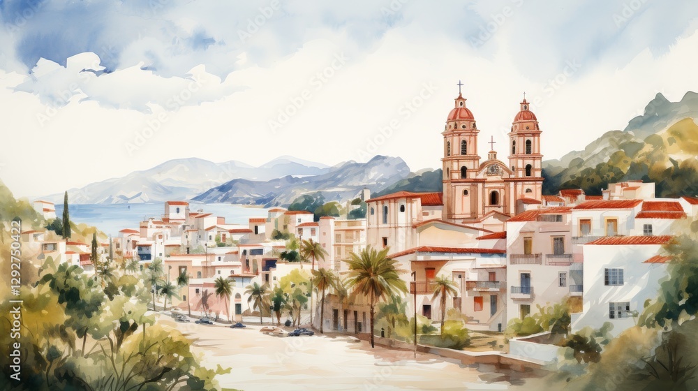 Fototapeta premium Watercolor Landscape of Rosa de Lima Town on August 24th