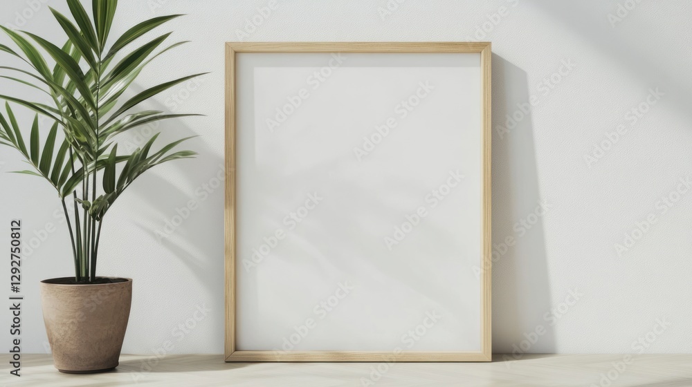 A photo of an empty wooden frame mockup, standing on the floor next to a potted plant with a white wall background. A square-shaped frame stands upright against a plain white wall. A photo of an empty wooden frame mockup, standing on the floor next to a potted plant with a white wall background. A square-shaped frame stands upright against a plain white wall.