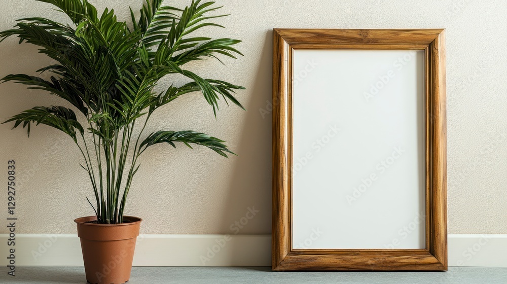 A photo of an empty wooden frame mockup, standing on the floor next to a potted plant with a white wall background. A square-shaped frame stands upright against a plain white wall. A photo of an empty wooden frame mockup, standing on the floor next to a potted plant with a white wall background. A square-shaped frame stands upright against a plain white wall.