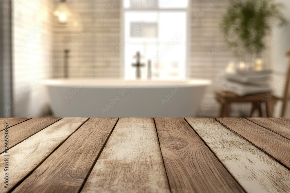 Wood textured table for showcasing products against a blurred bathroom background Wood textured table for showcasing products against a blurred bathroom background