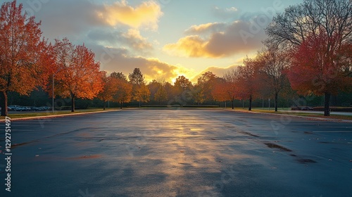 Fototapeta Naklejka Na Ścianę i Meble -  Autumn parking lot at sunset. Empty parking area with colorful trees. Ideal for business or leisure stock photo