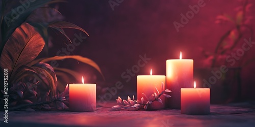 A cozy candlelit ambiance with several candles glowing softly against a deep burgundy background