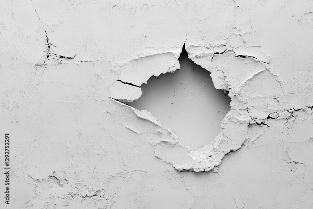 Fototapeta premium Worn out gray concrete wall with a hole for wiring symbolizing escape and freedom