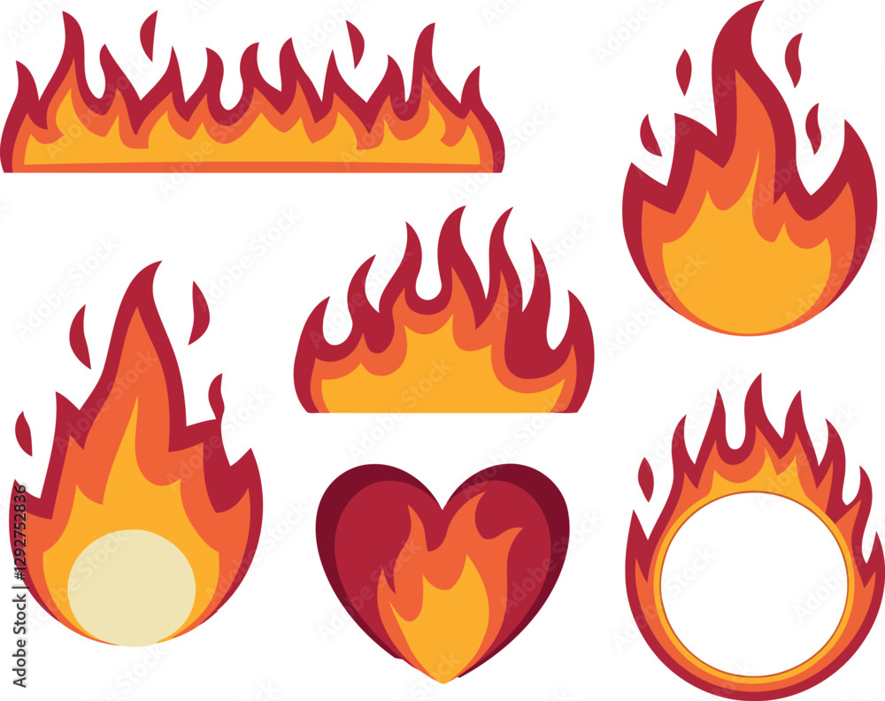 Cartoon Fire Vector Set with Flames in Various Shapes: Heart, Circle, Line, and Arcs Cartoon Fire Vector Set with Flames in Various Shapes: Heart, Circle, Line, and Arcs