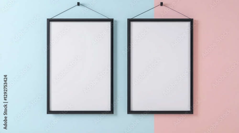 mockup of two hanging black frames with a white background and paper poster on a grey wall, a template for artwork design and advertising concepts in a flat lay view. Isolated on a pastel background mockup of two hanging black frames with a white background and paper poster on a grey wall, a template for artwork design and advertising concepts in a flat lay view. Isolated on a pastel background