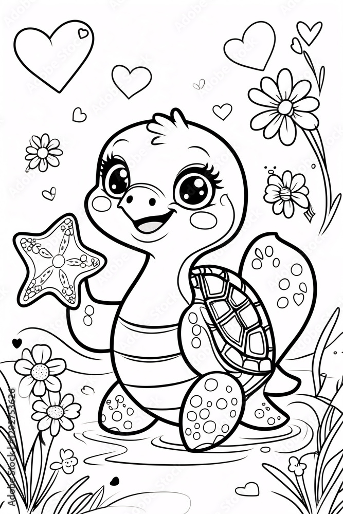 Fototapeta premium Joyful Baby Turtle Smiling in a Beautiful Garden Full of Flowers Black Line Art for Kids Book or Fun Childrens Activity Coloring Page Drawing Illustration with Heart and Flowers Garden