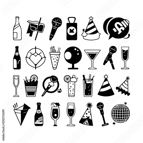 Party Celebration Icon Set Black and White Vector Illustrations