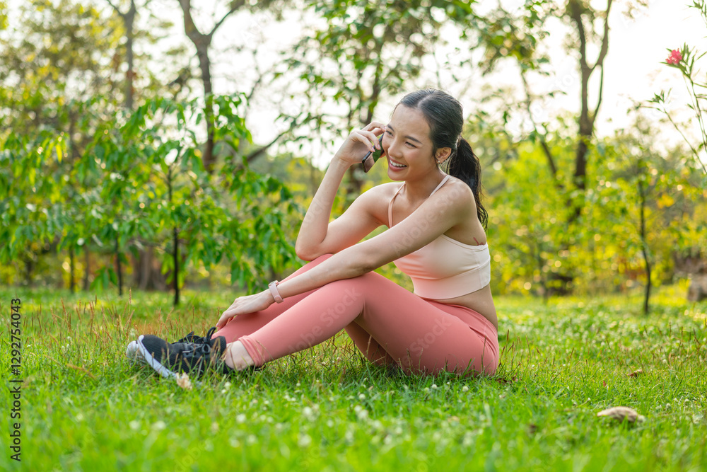 Young Asian Woman in Sports Outfit Sitting on Grass Talking on Phone Outdoors in a Park Young Asian Woman in Sports Outfit Sitting on Grass Talking on Phone Outdoors in a Park
