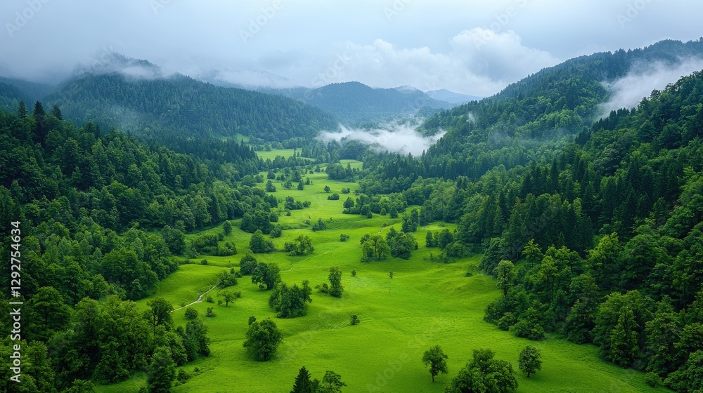 Fototapeta premium Misty valley, lush green hills, aerial view. Potential stock photo use