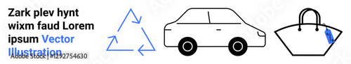 Recycling triangle, car, and handbag represent eco-friendly practices and lifestyle. Ideal for sustainability, recycling, green living, conscious fashion, transportation, branding eco-campaigns