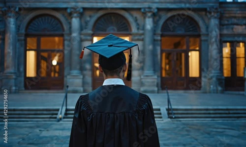 A university graduate wearing a cap and gown, symbolizing education, success, and achievement.