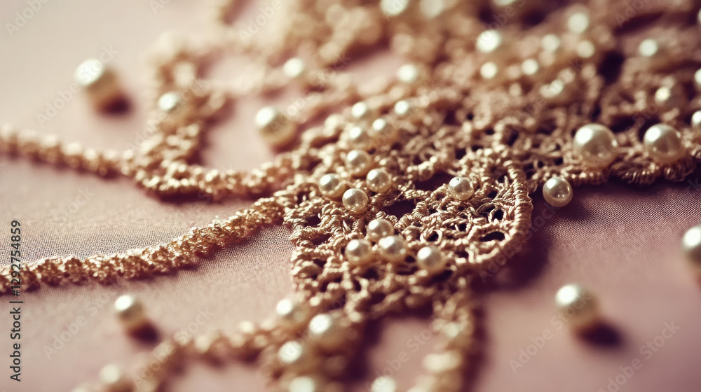 Intricate lace doily adorned with pearls, showcasing delicate craftsmanship and elegance. soft background enhances beauty of lace and pearls, creating luxurious feel Intricate lace doily adorned with pearls, showcasing delicate craftsmanship and elegance. soft background enhances beauty of lace and pearls, creating luxurious feel