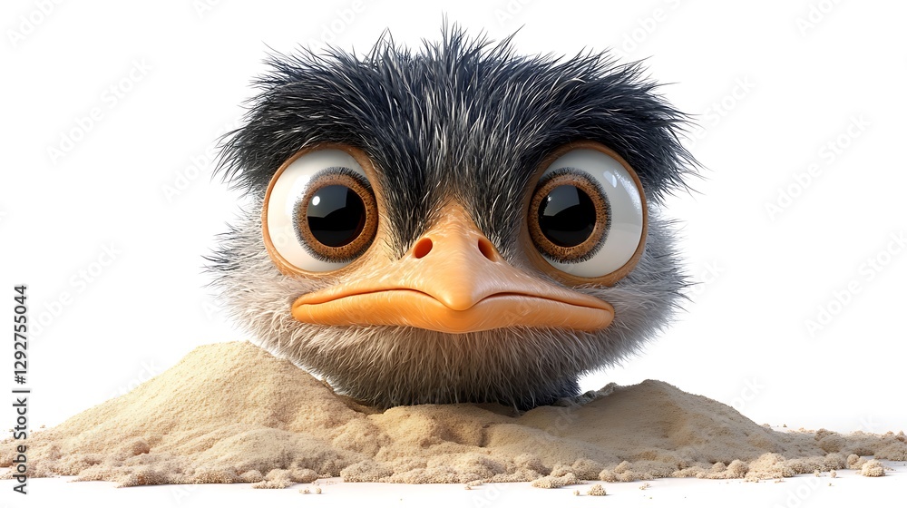 Fototapeta premium Cute cartoon ostrich character emerging from sand digital art whimsical style