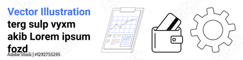 Clipboard displaying a line graph, wallet holding multiple cards, and a gear icon. Ideal for finance management, business operations, planning, financial services, technological integration