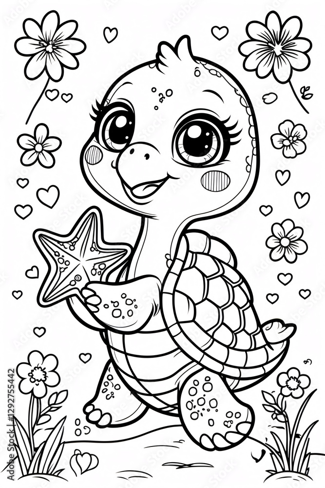 Fototapeta premium Sweet Baby Turtle with a Joyful Smile Surrounded by Flowers in a Beautiful Garden Black Line Art for Fun Kids Book or Activity Page Drawing Illustration with Heart and Flowers Garden
