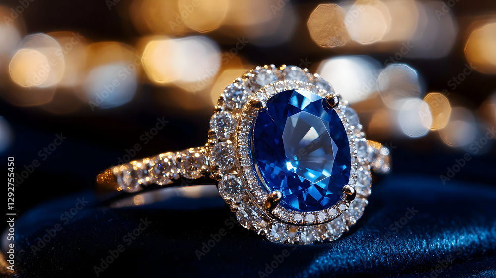 Exquisite Sapphire Ring with Diamond Halo on a Luxurious Velvet Surface, Elegance and Glamour Exquisite Sapphire Ring with Diamond Halo on a Luxurious Velvet Surface, Elegance and Glamour