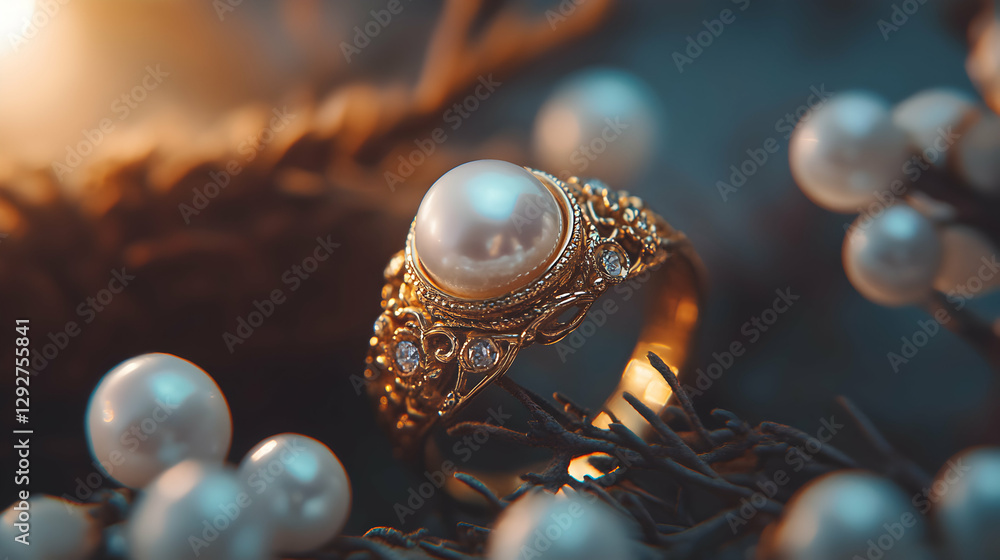 Fototapeta premium Elegant pearl ring with intricate gold details and delicate pearl accents around