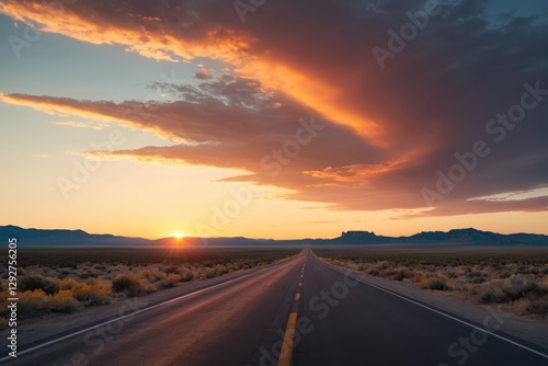 arafed road in the middle of a desert with a sunset in the background