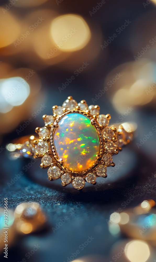 Exquisite opal ring adorned with diamonds, a symbol of love and commitment showcased Exquisite opal ring adorned with diamonds, a symbol of love and commitment showcased