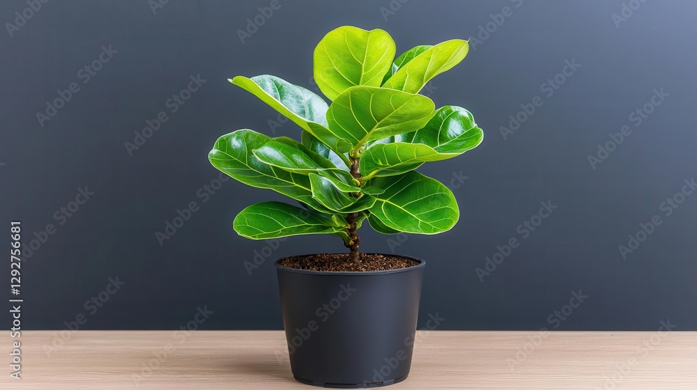 Fototapeta premium Green fiddle leaf fig plant in a black pot against a dark gray background.
