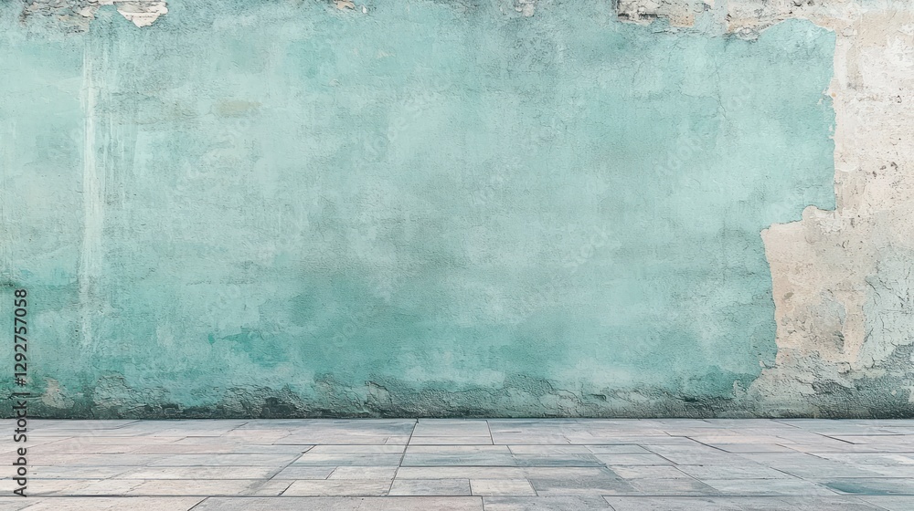 Fototapeta premium Textured turquoise wall and stone floor background for design projects