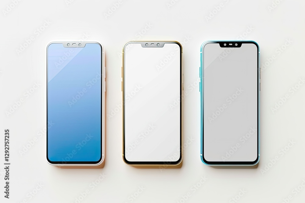 Colorful Modern Smartphones Mockup Isolated in White Background Blue, White and Gold Phones Colorful Modern Smartphones Mockup Isolated in White Background Blue, White and Gold Phones