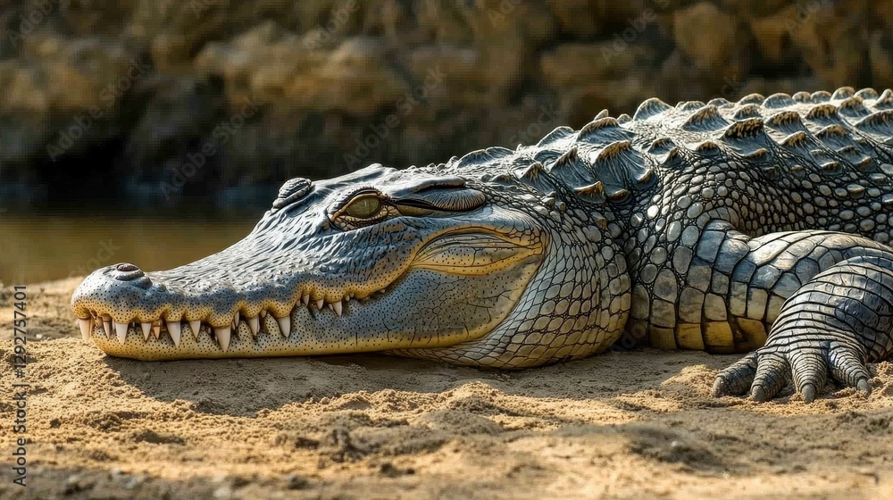 Lying Crocodile in Sunlight on Sandy Riverbank with Textured Skin Lying Crocodile in Sunlight on Sandy Riverbank with Textured Skin