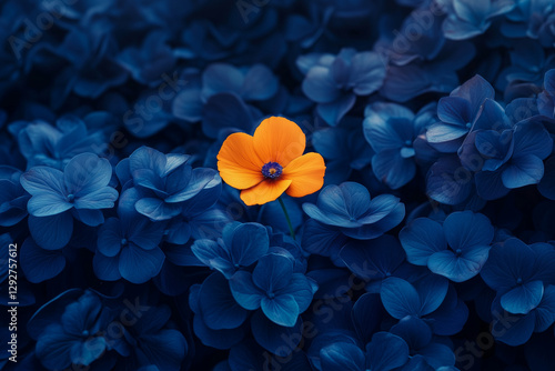 Amid a sea of deep blue hydrangeas, a single orange flower stands out, a striking reminder that true beauty often lies in daring to be different. Contrast, vibrance, and nature's artistry in one frame