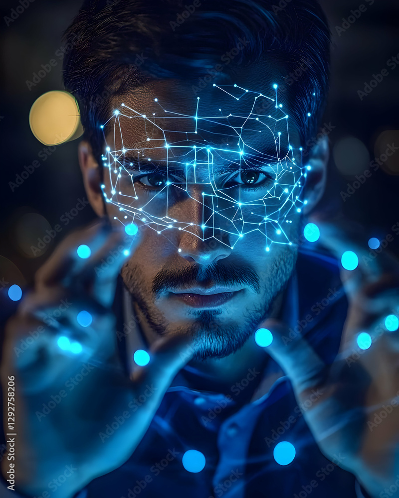 Futuristic Illustration: Man with Digital Face Overlay Futuristic Illustration: Man with Digital Face Overlay