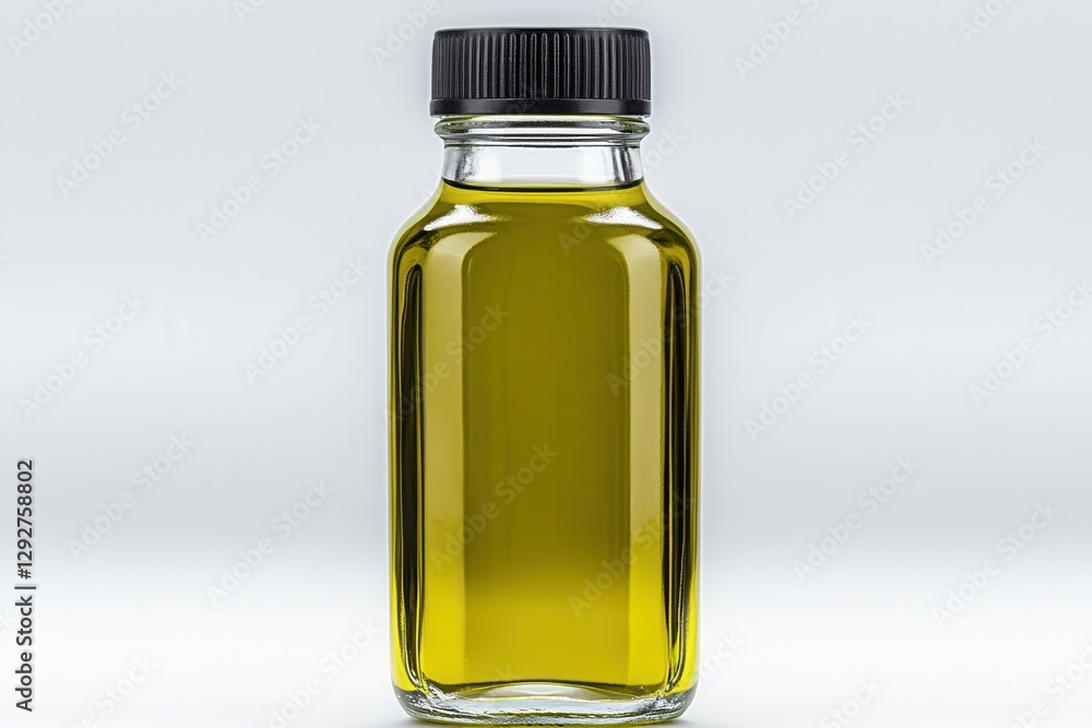 Yellow Liquid In Clear Glass Bottle with Black Cap Yellow Liquid In Clear Glass Bottle with Black Cap