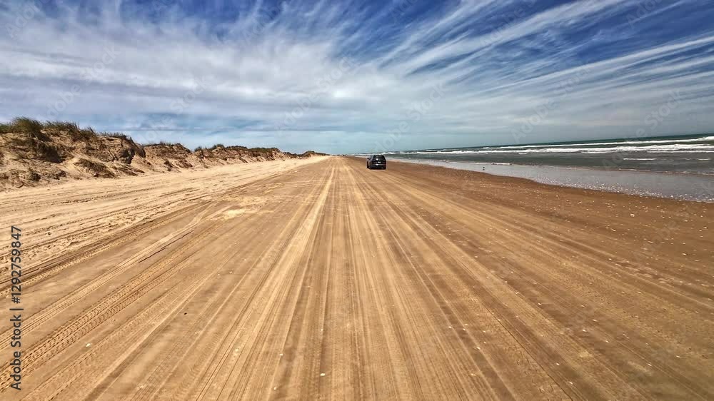 A drive down the beach on the Gulf of Mexico side of South Padre Island, Texas. A drive down the beach on the Gulf of Mexico side of South Padre Island, Texas.