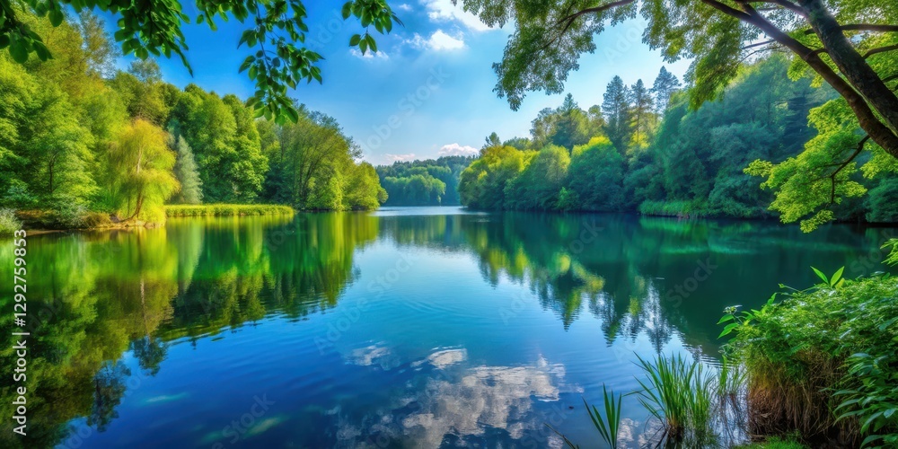 Obraz premium Dense foliage envelops tranquil lake, dense, lake, dense,lake, natural beauty, serene surroundings
