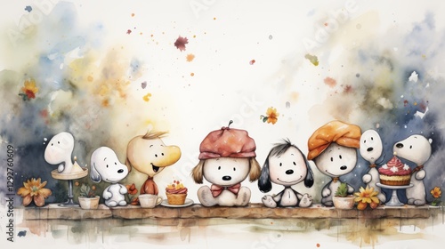 Fototapeta Naklejka Na Ścianę i Meble -  Watercolor Birthday Celebration with Generative AI Characters