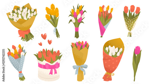 Set of 11 bouquets with tulips in different gift wrapping. Flowers for a holiday, wedding or date. Floristic composition. Gift for a loved one. Vector illustration isolated on white background.