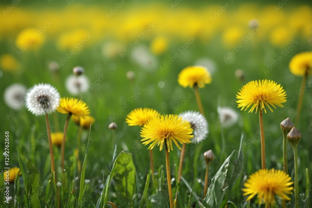 Fototapeta premium arafed field of yellow dandelions with green grass and yellow flowers