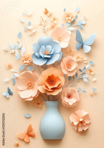 beige background with simple flowers in a vase, light blue and amber colors, butterfly decoration