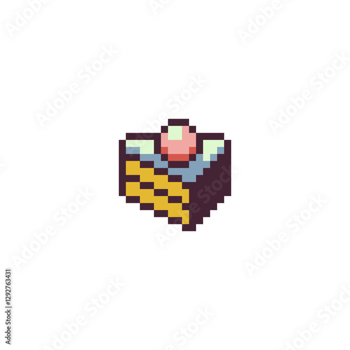 Chocolate cake pixel art icon. Isolated vector illustration. Game assets 8-bit sprite. Design for stickers, web, mobile app.