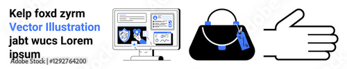 Desktop setup analyzing data, a luxury handbag with tags, and a thumbs-up gesture. Ideal for e-commerce, analytics, branding, reviews, audience targeting, trends flat landing page banner