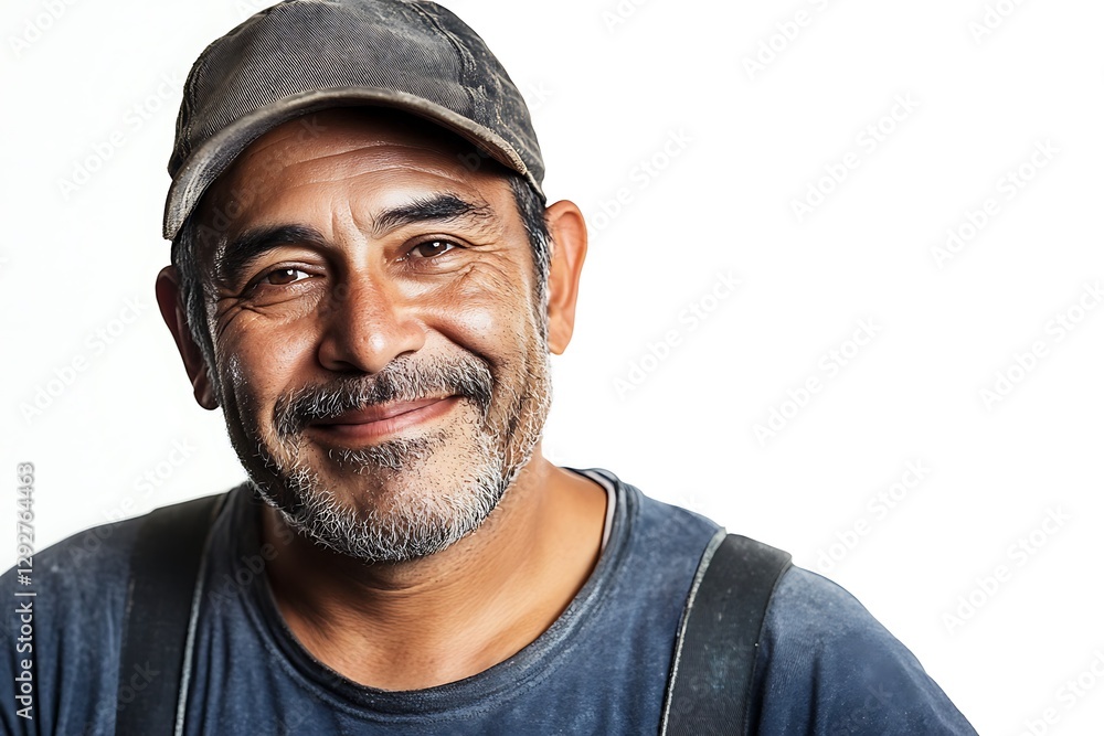 Smiling mature man in cap and overalls. Smiling mature man in cap and overalls.