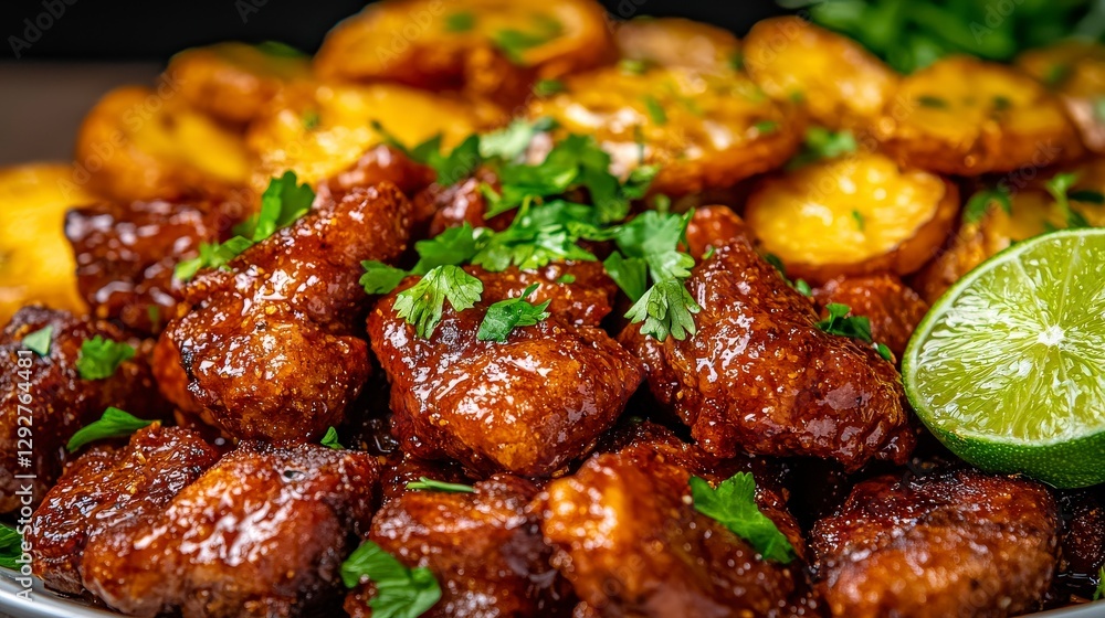 Haitian griot and crispy fried pork with tangy sauce haiti food photography vibrant kitchen close-up culinary delight Haitian griot and crispy fried pork with tangy sauce haiti food photography vibrant kitchen close-up culinary delight