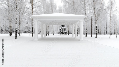 Snowy park gazebo, winter wonderland, serene landscape, tranquil scene, perfect for winter photography photo