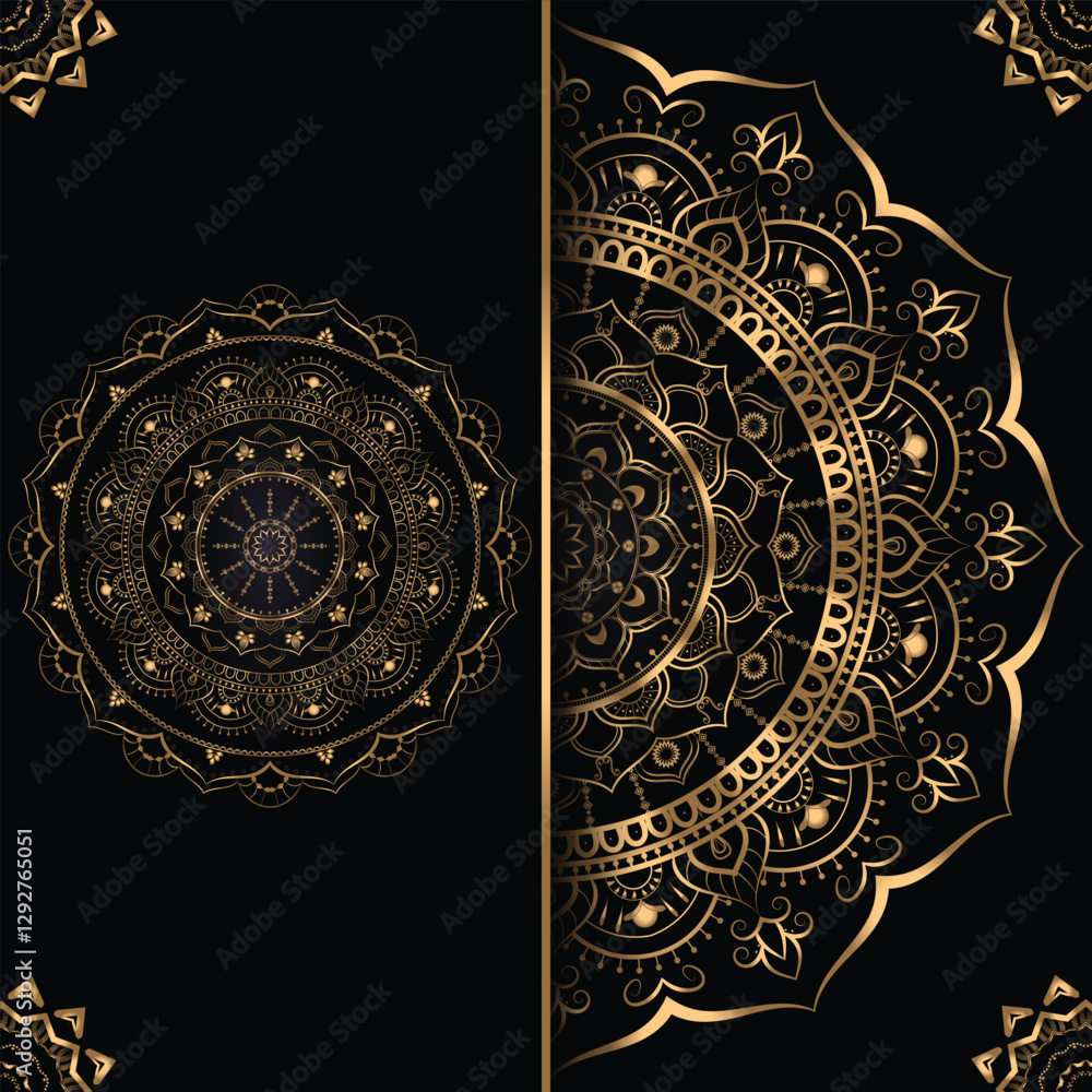 Intricate gold mandala design on a black background and detailed patterns Intricate gold mandala design on a black background and detailed patterns