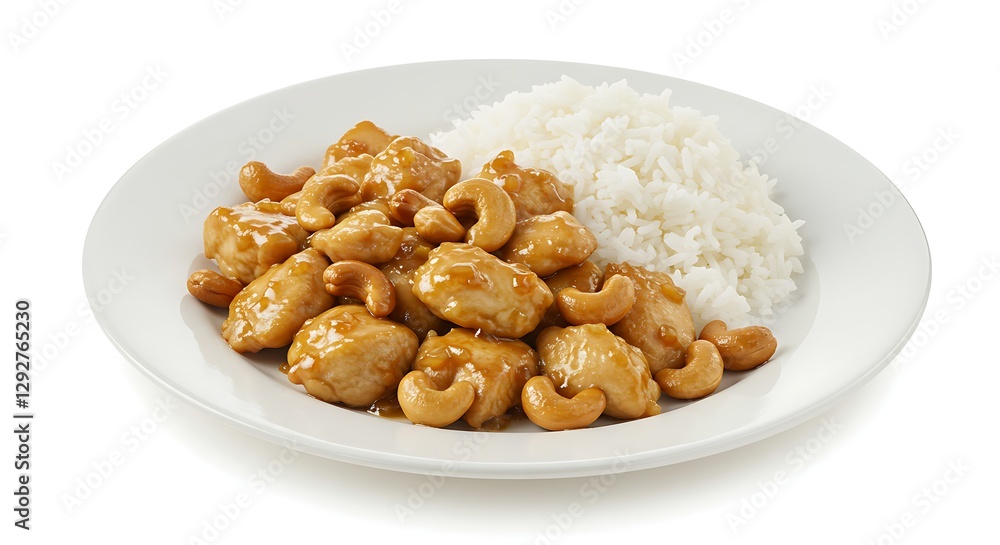 A delicious plate of sauteed chicken with crunchy cashew nuts and steamed rice, presented on a white background for a clean and elegant food display A delicious plate of sauteed chicken with crunchy cashew nuts and steamed rice, presented on a white background for a clean and elegant food display