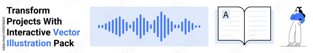 Audio waveform, open book with content, person contemplating ideas. Ideal for education, creativity, learning resources, publishing, innovation communication podcast design. Flat landing page Audio waveform, open book with content, person contemplating ideas. Ideal for education, creativity, learning resources, publishing, innovation communication podcast design. Flat landing page