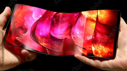 A flexible phone shows a bright red and pink colored display