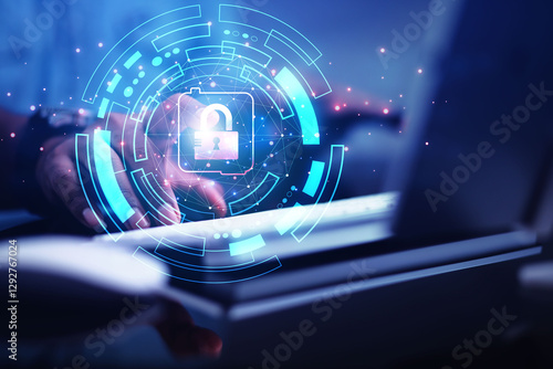 cybersecurity concept Business man shows how to protect cyber technology network from attack by hackers on the internet. Secure access to privacy through smartphones Meta protection.	
