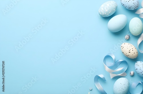 Blue easter eggs painted by hand on a dark background. Easter stylish minimal composition. Top view, flat lay, copy space photo