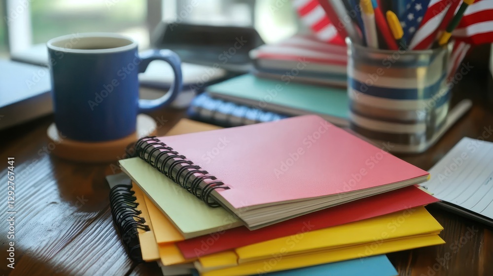 Colorful Notebooks and Coffee on Wooden Desk Colorful Notebooks and Coffee on Wooden Desk